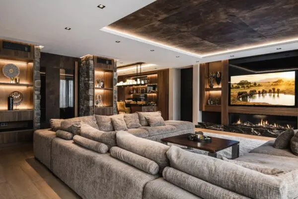 Alpe Steenstrips in luxe woonkamer met haard en maatwerk interieur