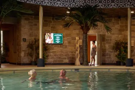 zwembad wellnessresort Valkenberg met op de binnenmuur Maniero Geopietra Steenstrips