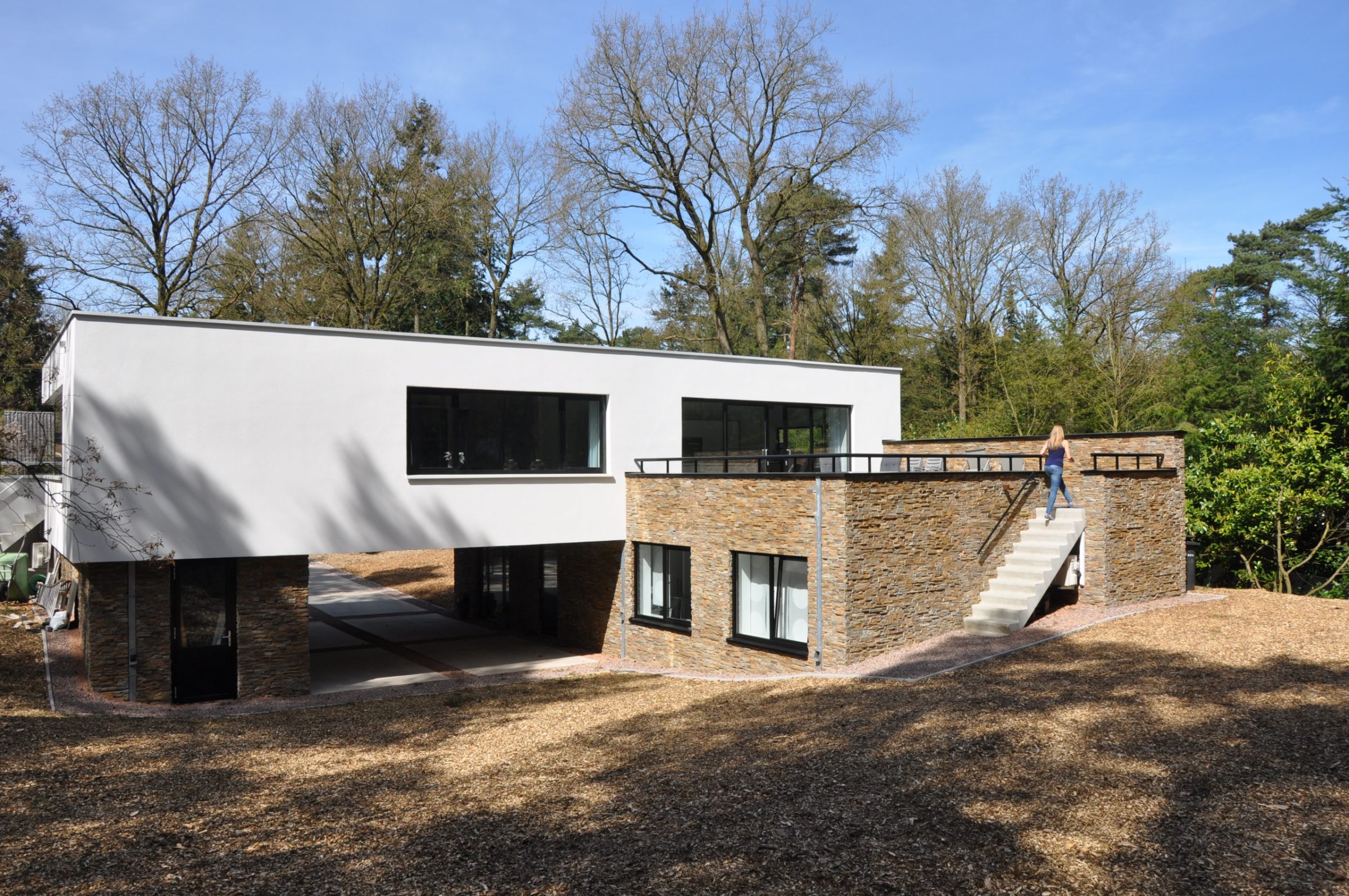 Gevelbekleding Natuursteenstrips. Moderne villa in een bosrijke omgeving.