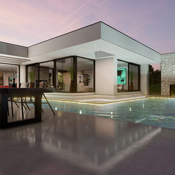 Buitenmuur van het zwembad bij moderne kubistische villa, Ontwerp van Paul Ramakers