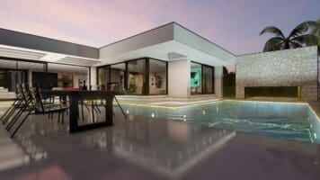 Buitenmuur van het zwembad bij moderne kubistische villa, Ontwerp van Paul Ramakers