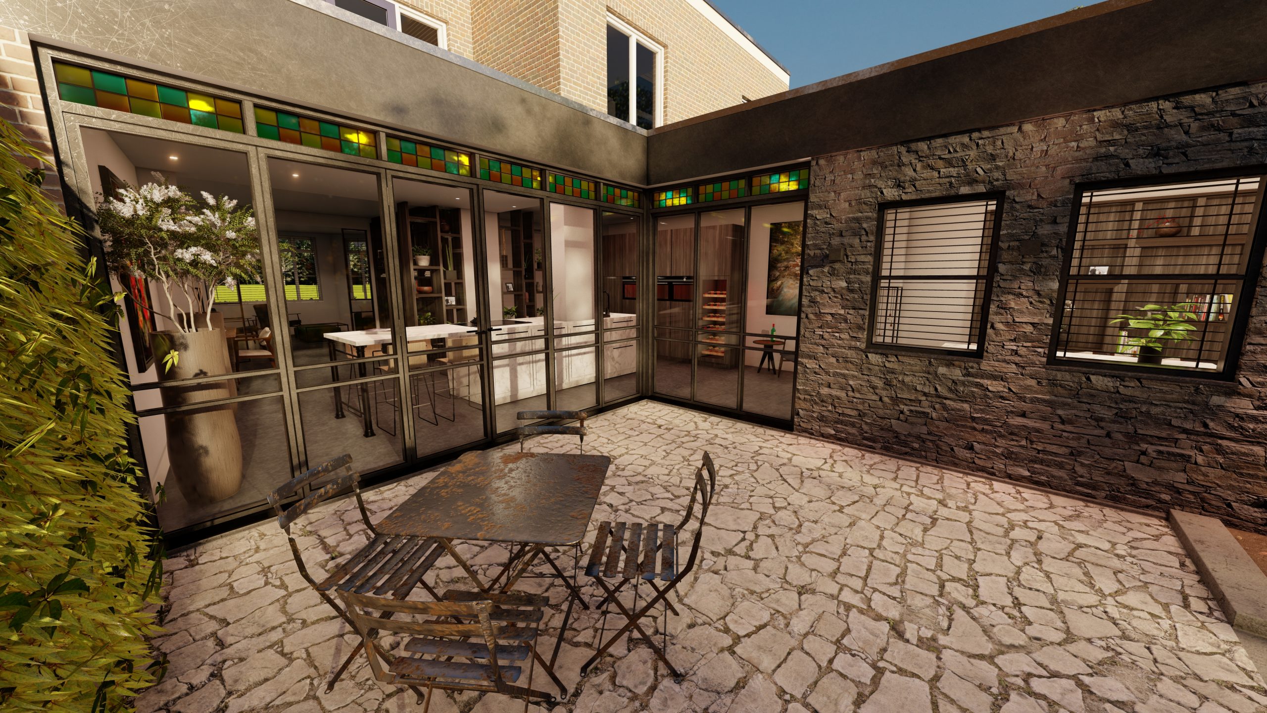 Prachtig terras met Steenstrips en Flagstones | Visualisatie Paul Ramakers