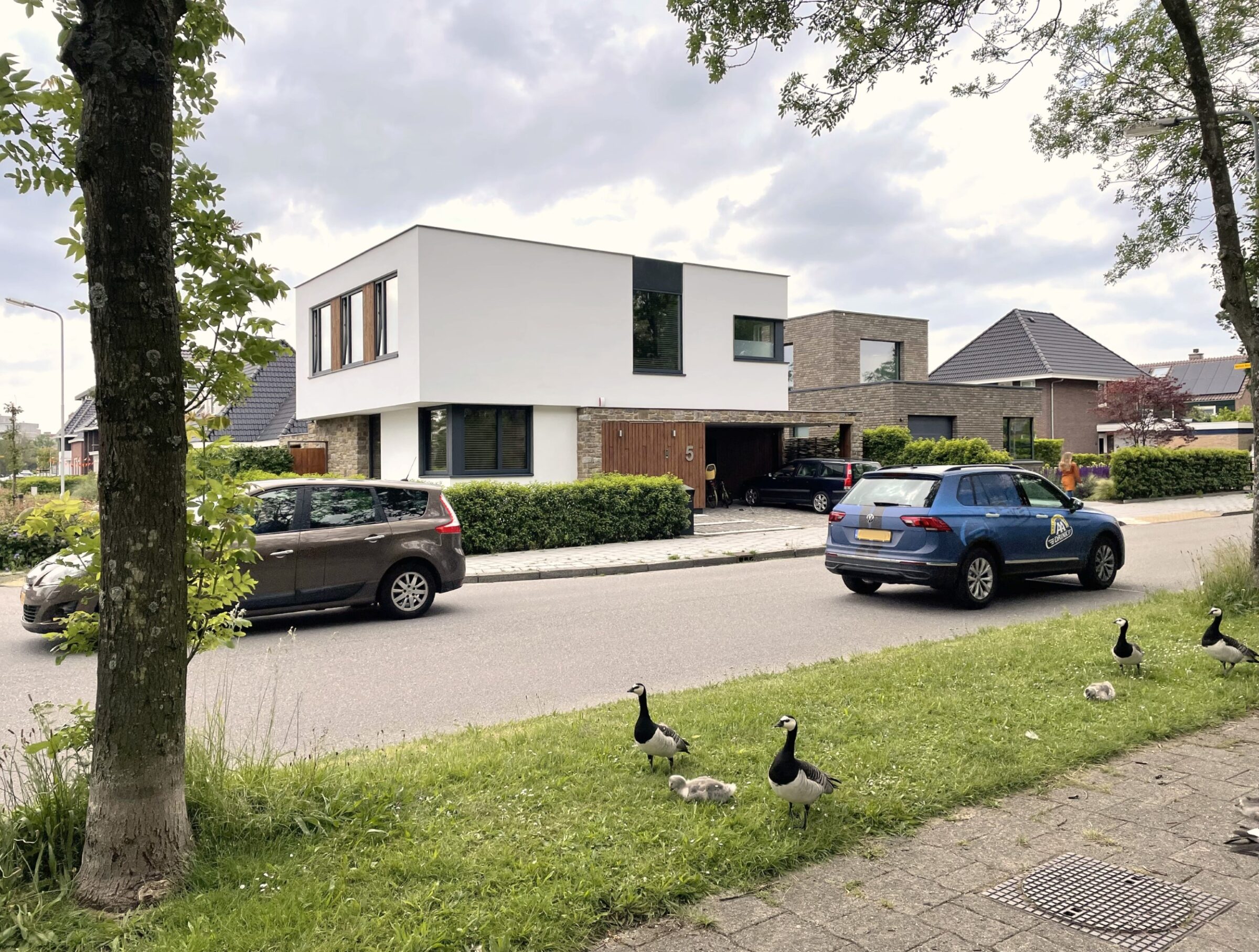 Kubistische villa van Taats Architecten wit stucwerk en Steenstrips